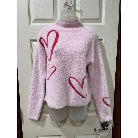Rachel Zoe Pink Pullover Sweater With Red Hearts Print Mock Neck Womens Medium S - Picture 6 of 8
